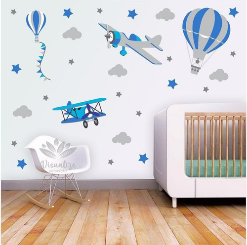 Adesivo De Parede Infantil Aviões Balões  Azul E Cinza
