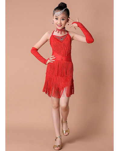 Vestido Rojo De Salsa Latina Con Lentejuelas Para Niñas