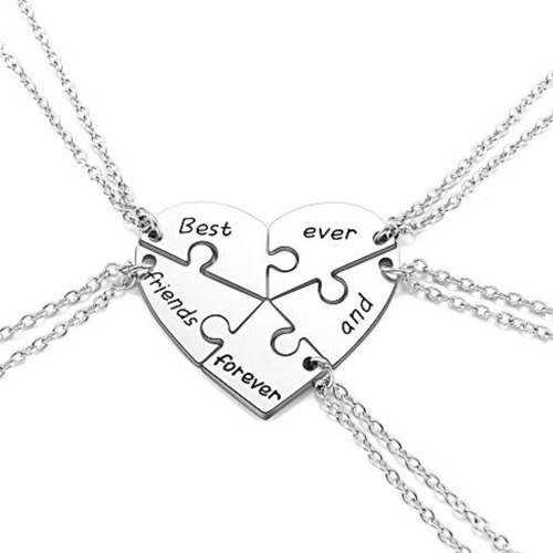 Collar Amistad Corazón 5 Partes Grabado Ambos Plata Ley 925