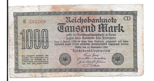 Liquido Billete De Alemania.  1000 Marcos 1922