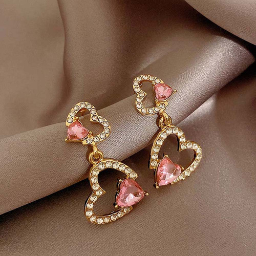 Aretes De Corazón Pendientes Dorados Brillantes Largo Mujer