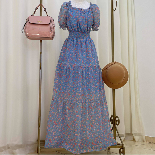 Imagem 1 de 9 de Vestido Longo Rodado Ciganinha Ombro A Ombro Floral