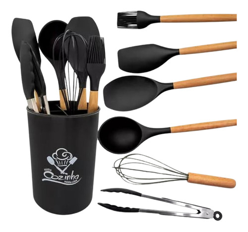 Kit 7 Peças Utensílios De Cozinhha Cabo De Madeira Silicone Cor Preto