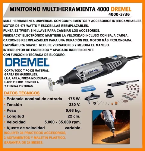 La Casa del Artesano-Mini torno profesional DREMEL 4000 175w de potencia  5000 a 35000 rpm en valija con 36 accesorios y flexible