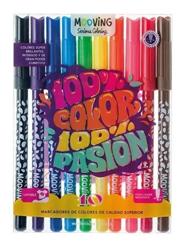 Marcadores Mooving Coloring 100%color 100%pasión X10 Colores