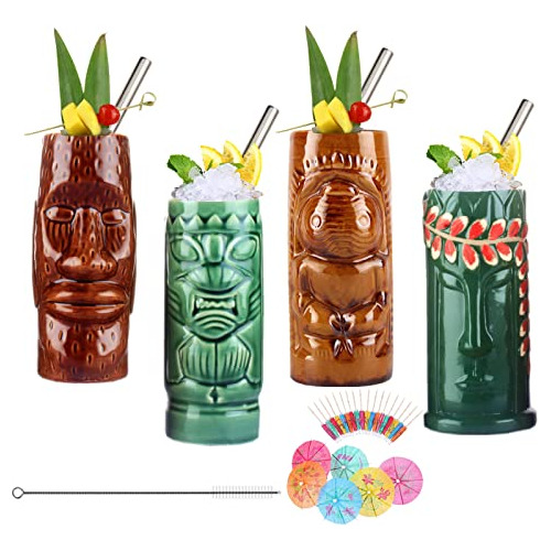 Tiki Mugs Cocktail Set De 4 - Grandes Tumblers 8nffs