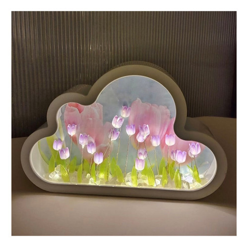 Lámpara Diy Tulips White Cloud, Diy Cloud Tulip Mirror Night Color De La Estructura Rosa Color De La Pantalla Rosa