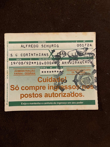 Ingresso Campeonato Paulista 1992 - Corinthians X Inter Lim.