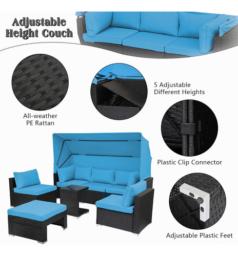Juego De 7 Muebles Exterior Sofa Modular Toldo Azul Magic U