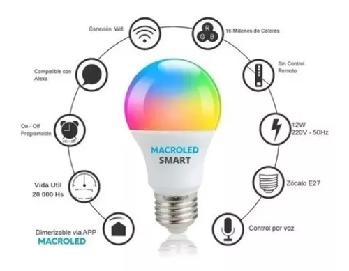 BOMBILLO LED RGB WIFI INTELIGENTE, Millones de colores, Control por voz y  desde APP