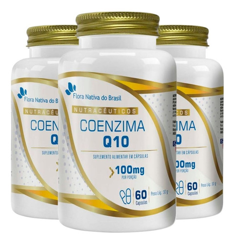 Kit 3x Coenzima Q10 100mg 60 Cápsulas - Flora Nativa Sabor Sem Sabor