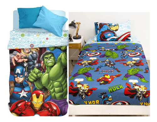 Kit Acolchado + Juego De Sabanas Piñata 1 1/2 Plaza Verde Avengers