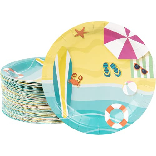 80 Count Beach Party Plates, 9 Inch Paper Pool Plates