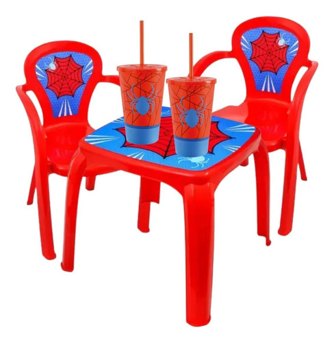 Jogo Mesa Infantil Decorada Com Duas Cadeiras E Copos 550ml Cor Vermelho Teia