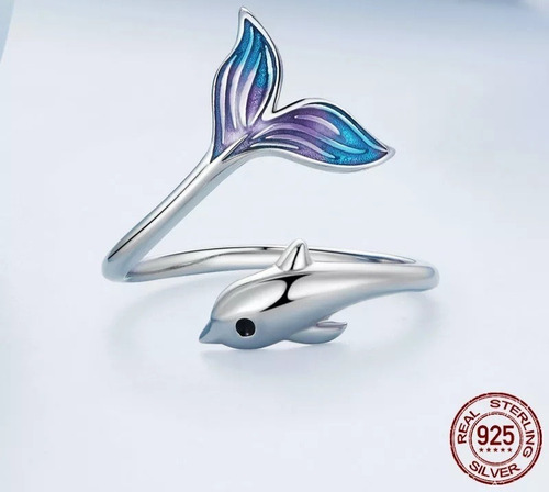 Imagen 4 de 5 de Anillo Delfin Ajustable Multicolor Plata 925 Mujer