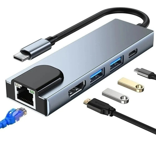 Convertidor Tipo C Hdmi 5 En 1 Adaptador Red Usb 3.0 Pd