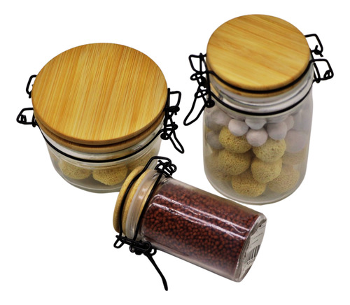 Kit 3 Pote Hermético De Vidro Tampa De Bambu Com Trava Inox