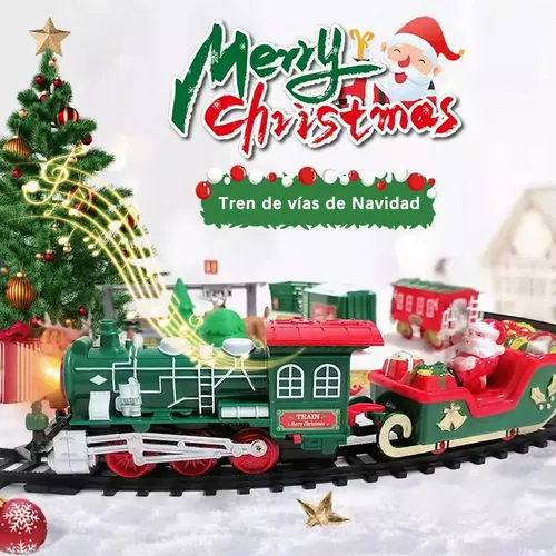 Tren De Juguete Eléctrico Navideño BUOAZR – Locomotora Con Vapor, Luces Y Sonidos, 4 Vagones Y Vías, Decoración Para Árbol De Navidad, Batería, +3 Años