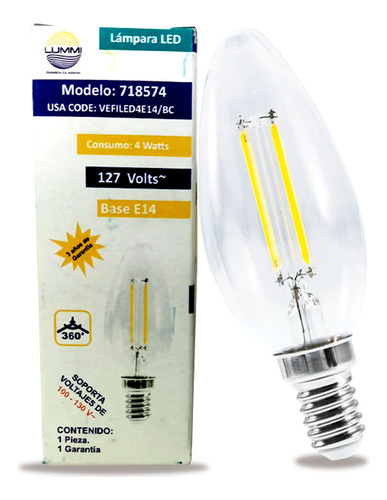 Foco Vela Filamentos Led 4w E14 Luz Calida O Fria 127v
