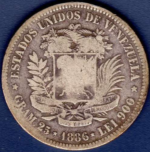 5 Bolívares 1886 Moneda De Plata De Venezuela  Fuerte