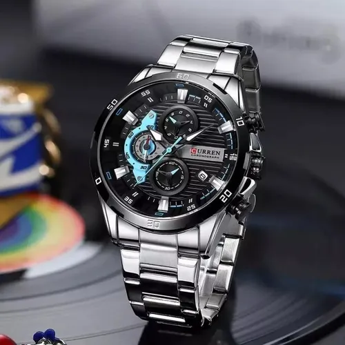 Curren 8402 pulsera de cuarzo azul de acero inoxidable para hombre, correa de reloj color plata