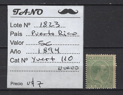 Lote1823 Puerto Rico 5 Cent Año 1894 Yvert# 110 Nuevo