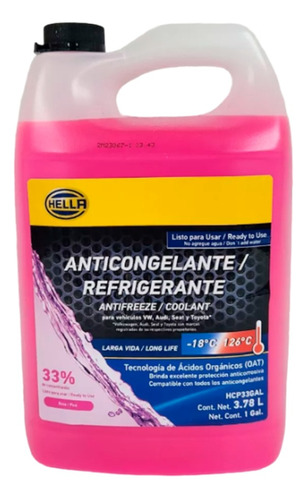 Anticongelante Rosa Premezclado 33% 3.785 Lt Hella 1 Galon