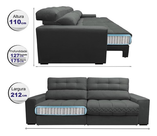 Sofá Retrátil e Reclinável com Molas Ensacadas Cama inBox Master 2,12m Tecido Suede Cinza