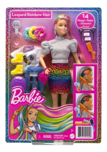 Muñeca Barbie Cabello Arcoiris Leopardo Con Falda Accesorios