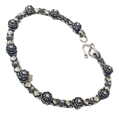 Pulseira Prata De Bali Pikun Com Rosinhas Em Relevo