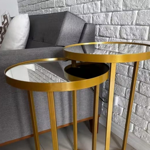 Mesa Lateral Conjunto Com 2 Tampo Espelho Decoração Luxo