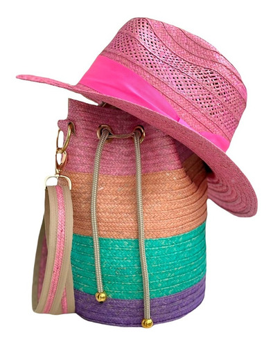 Combo Caña Flecha Sombrero Fucsia + Bolso Fino