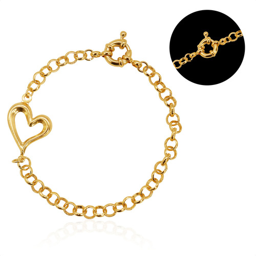 Pulseira Feminina Banhado A Ouro18k Elo Português C/ Coração Comprimento 19 Cm Cor Dourado Diâmetro 1 Cm