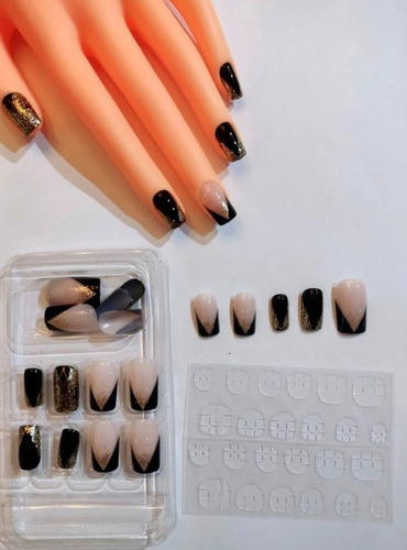 Mj 48 Unhas Postiças Decorada Preto Brilho Realista Com Cola