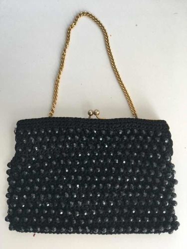 Cartera Vintage Mostacillas Negras De Noche Herrajes Dorad 