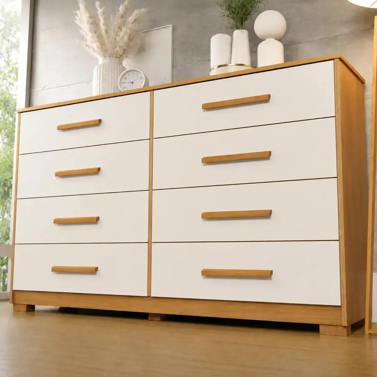 Cômoda Titan 8 Gavetas 100% MDF Nature E Off White