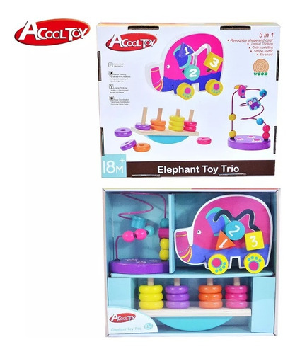 Imagen 2 de 6 de Prono Laberinto Ensarte Elefante Set Madera Acool Ac7613 Ful