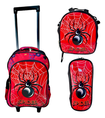 Kit Mochila Escolar Infantil Spider Aranha C/ Rodinhas 3x1 