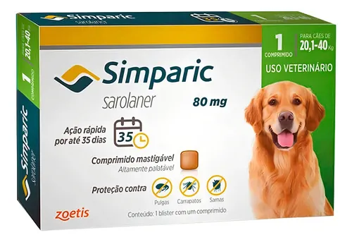 Antipulgas E Carrapatos Simparic 80mg 20,1 A 40kg - Caixa com 1 Comprimido - Zoetis