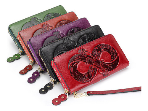 Cartera Larga For Mujer, Piel Encerada Al Aceite, Bolso De