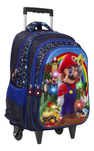 Mochila Rodinha Creche Pre Escola Mario Led 24hrs