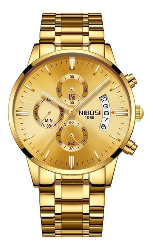 Relógio de pulso Nibosi NI2309 com corpo dourado,  analógico, para masculino, fundo  dourado, com correia de aço inoxidável cor dourado, agulhas cor dourado e branco, subdials de cor dourado e branco, subesferas cor dourado, ponteiro de minutos/segundos preto, bisel cor dourado