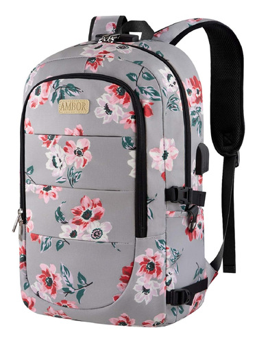 Mochila Gris Flores Impermeable Para Laptop Hasta 17.3