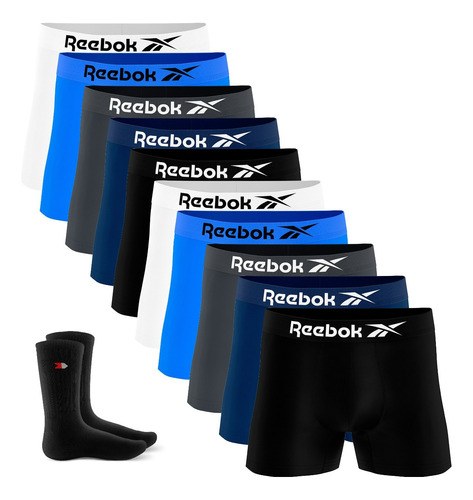 Kit 10 Cueca Boxer Reebok Sem Costura Box + 2 Meias Sandrini