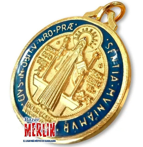 Medalla Italiana De San Benito En Color Azul Y Chapa De Oro