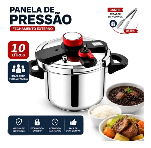 Panela De Pressão Inox Triplo Fundo Para Indução 10l Prateado-10l