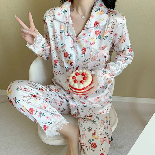 Conjunto De Pijama De Seda Satinada Con Estampado Floral De