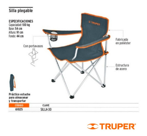Imagen 2 de 4 de Silla Plegable Truper - Playa, Camping Con Funda
