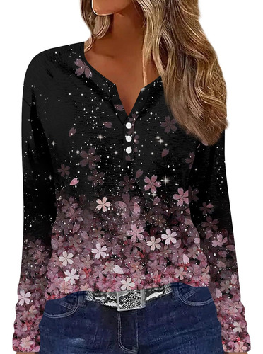 Camisa Para Mujer Blusa Estampado Floral Manga Larga Medio V