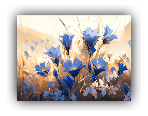 40x30cm Pintura De Flores En Oro Y Azul Bastidor Madera